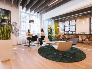 Un espace de bureau contemporain avec des panneaux acoustiques au plafond, de grandes fenêtres, des fauteuils lounge sur un tapis vert circulaire, des plantes d’intérieur et une salle de réunion aux parois vitrées où deux femmes travaillent sur des ordinateurs portables. L’espace est doté d’un parquet en bois clair et de meubles au design moderne.